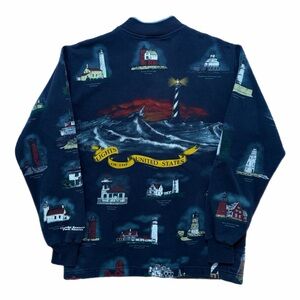 Vintage Art Unlimited Lights Of US Cardigan Womens Medium Lighthouse Print 90s